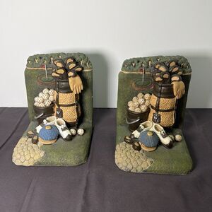Vintage FIGI Graphics Golf Resin Bookends Bag Clubs Shoes Balls 90s Desk Decor